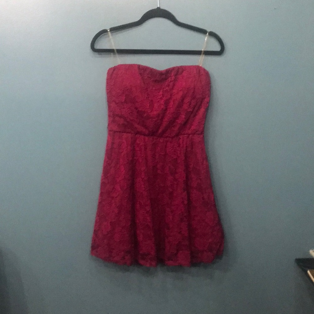 Strapless Raspberry Floral Lace Dress